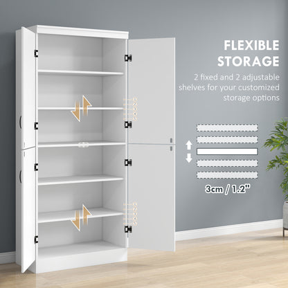 4-Door Tall Kitchen Cupboard, Freestanding 6-Tier Storage Cabinet with 2 Adjustable Shelves for Living Room, Dining Room, White