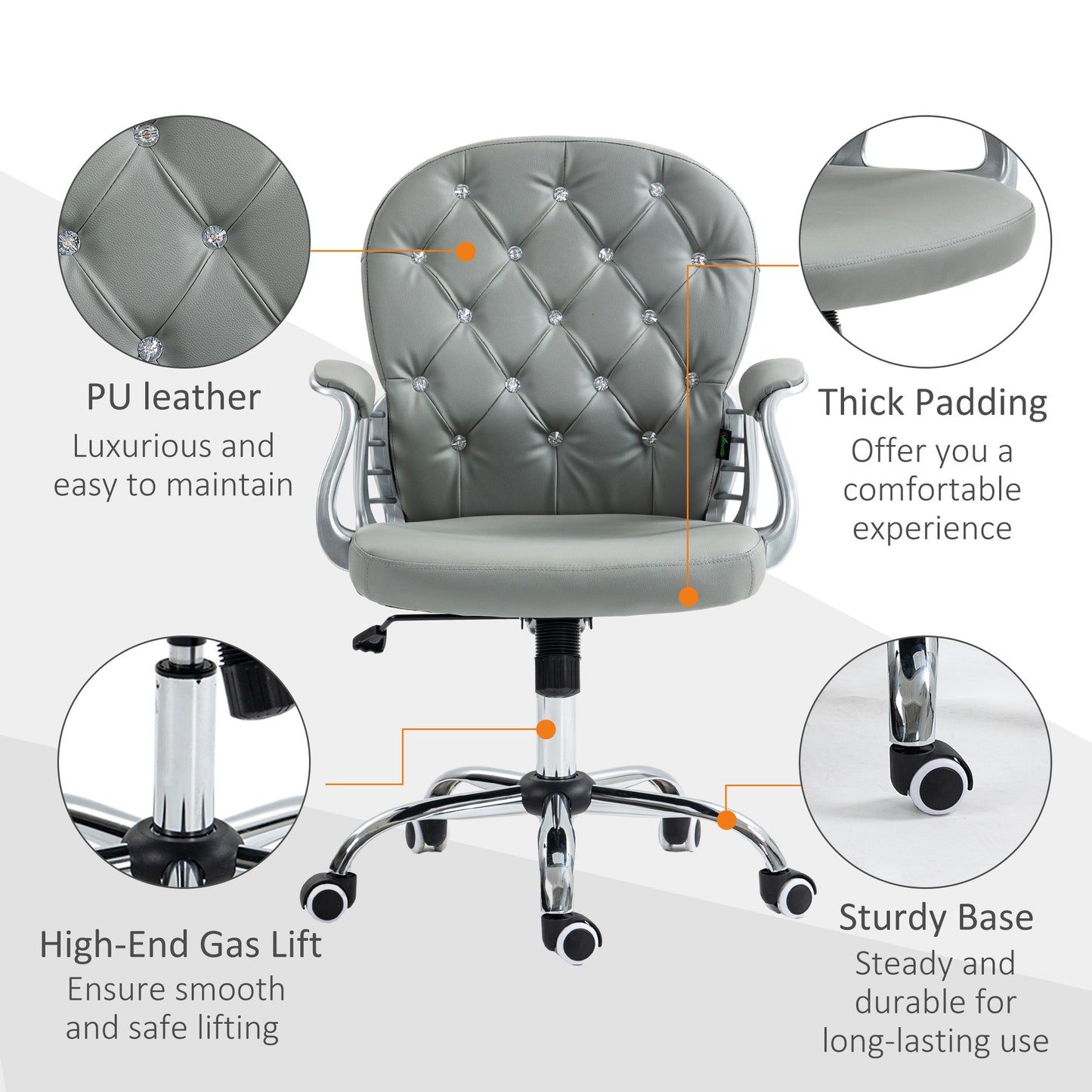 Office Chair PU Diamante Padded Ergonomic 360° Swivel Grey