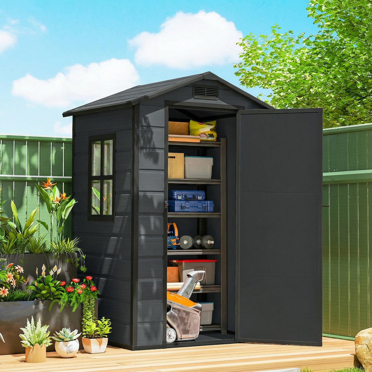 4 x 3 ft Plastic Small Garden Shed with Lockable Door, Dark Grey