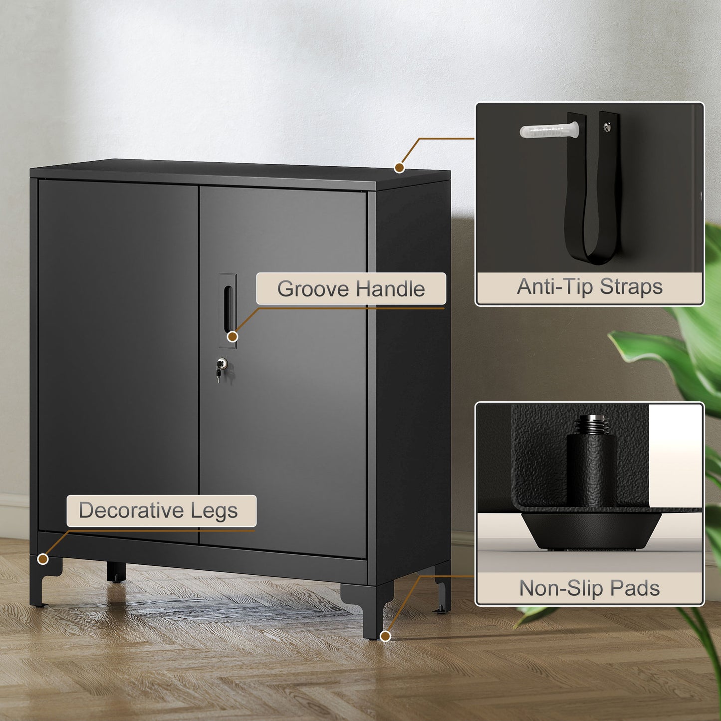 Lockable Metal Filing Cabinet, 2-Tier Storage Cupboard, Black