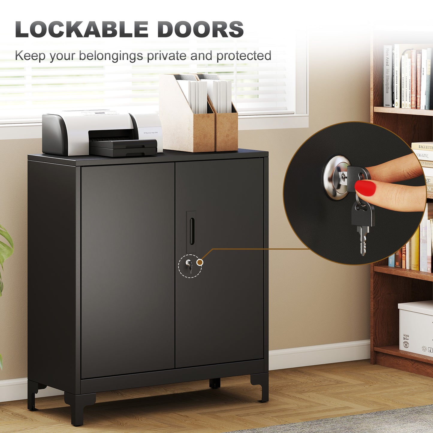Lockable Metal Filing Cabinet, 2-Tier Storage Cupboard, Black