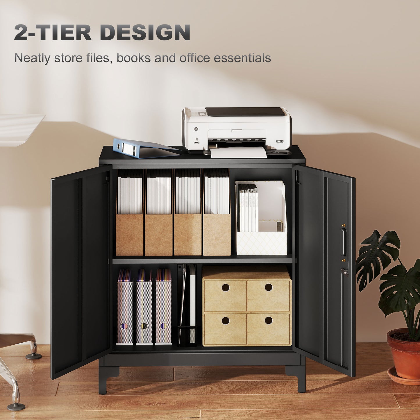 Lockable Metal Filing Cabinet, 2-Tier Storage Cupboard, Black