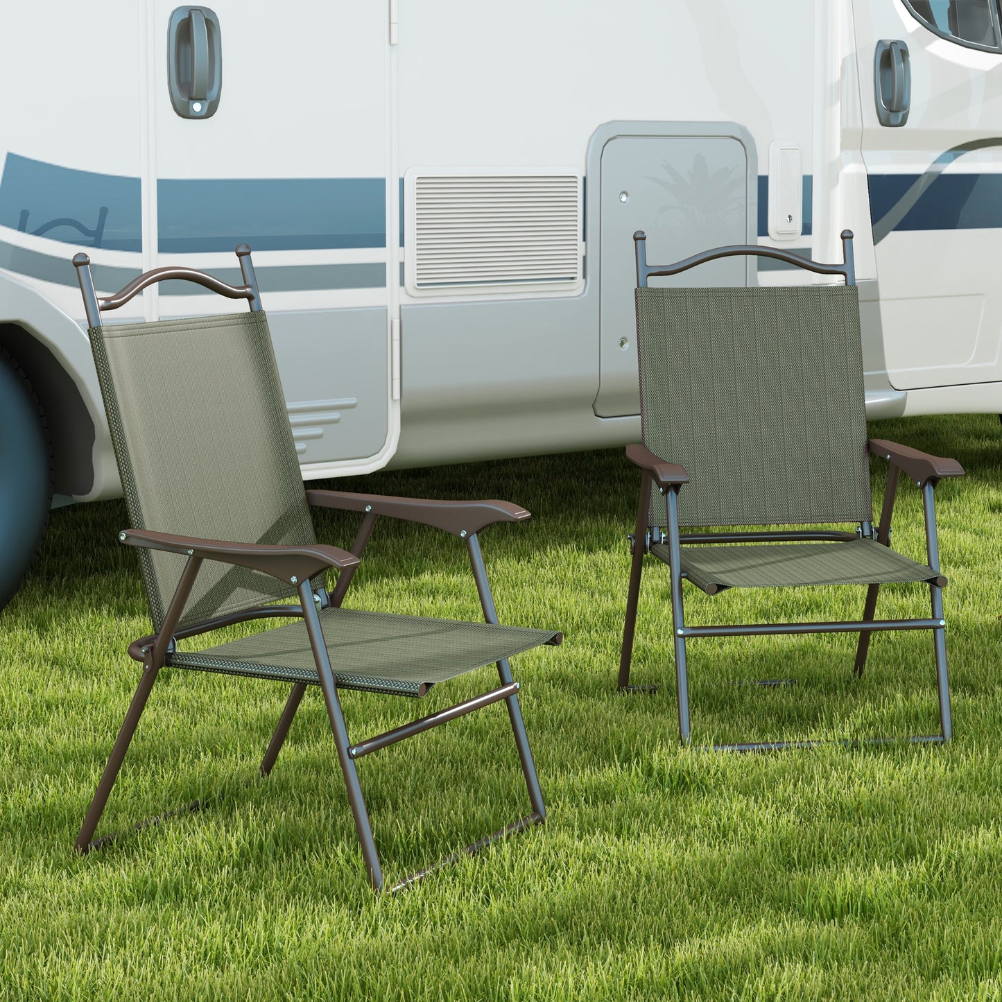 2 Pieces Folding Patio Camping Chairs Set, Sports Chairs for Adults with Armrest, Mesh Fabric Seat for Lawn