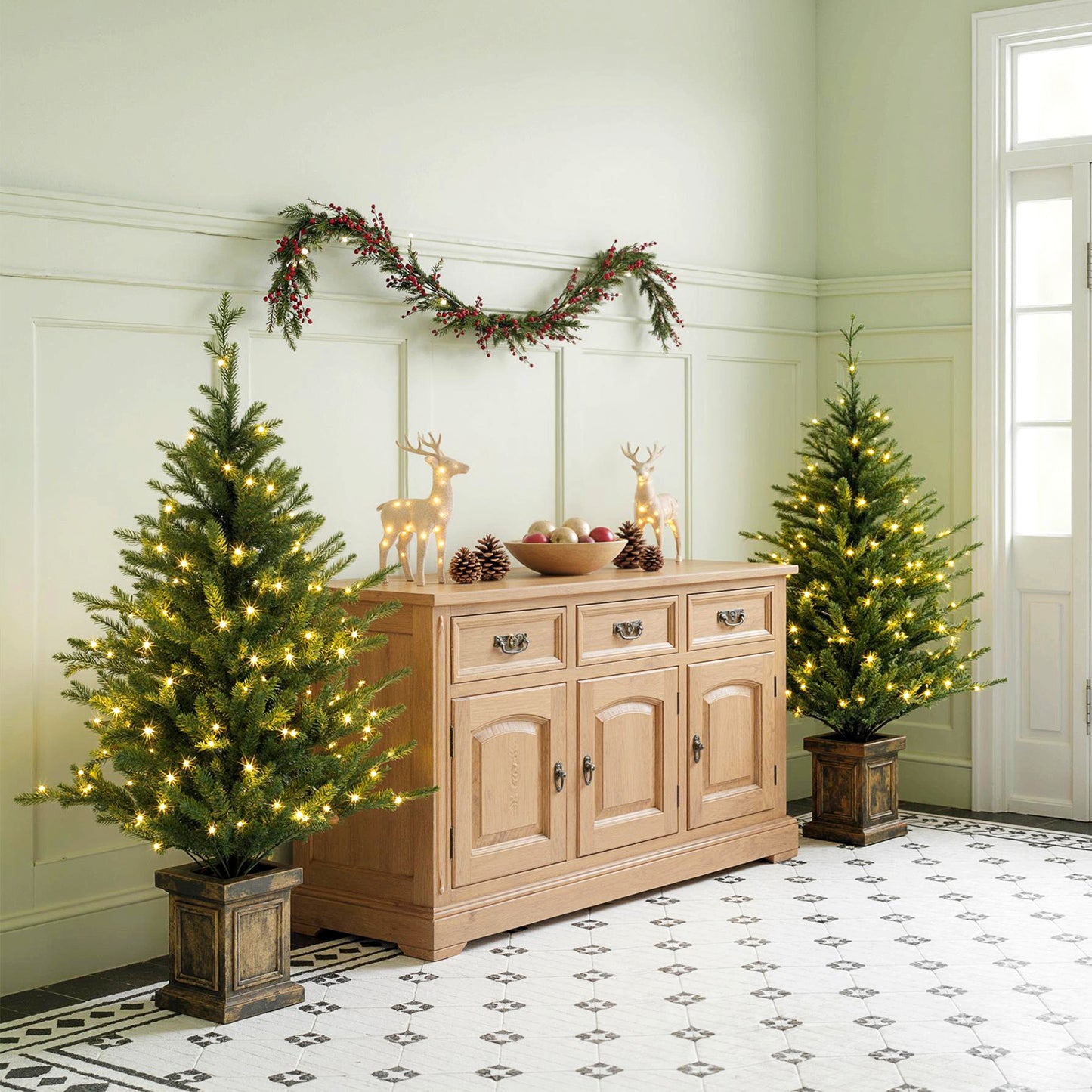 2 Pre Lit 4ft Artificial Christmas Trees with Lights, Pot, Realistic Tips