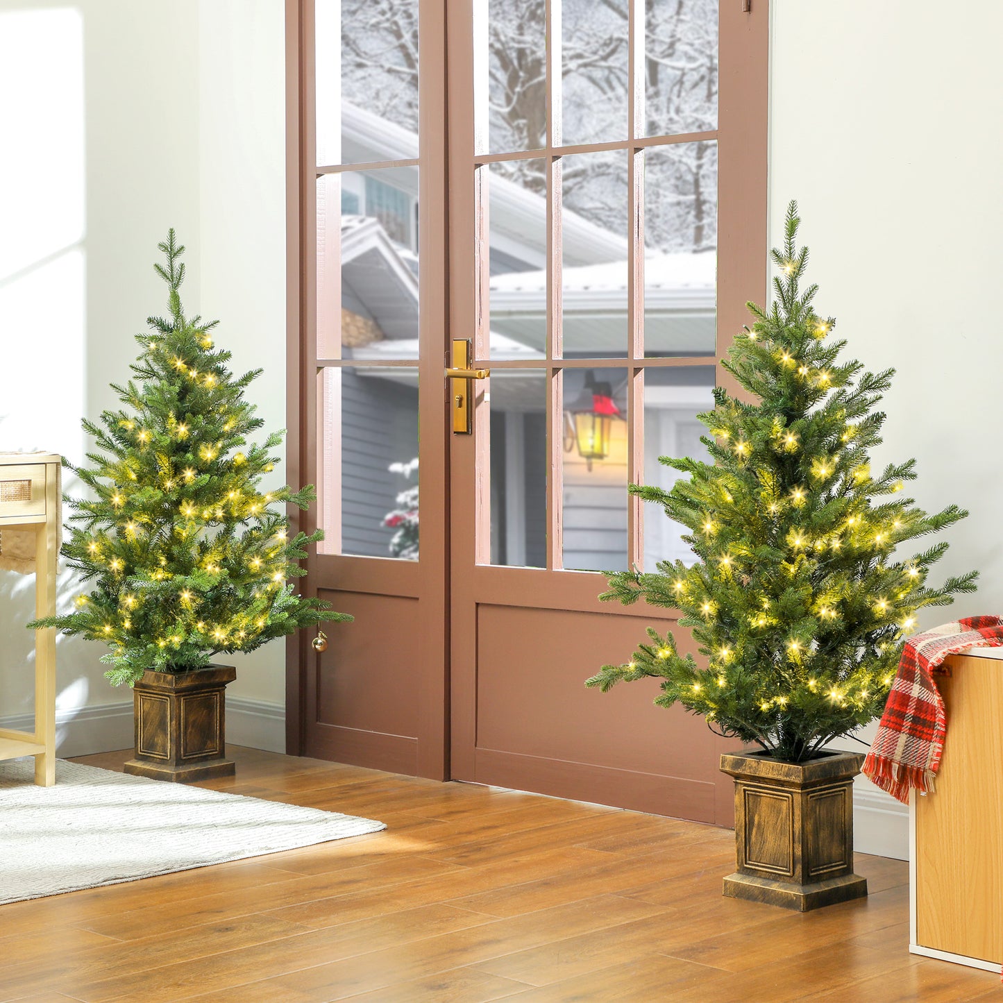 2 Pre Lit 4ft Artificial Christmas Trees with Lights, Pot, Realistic Tips
