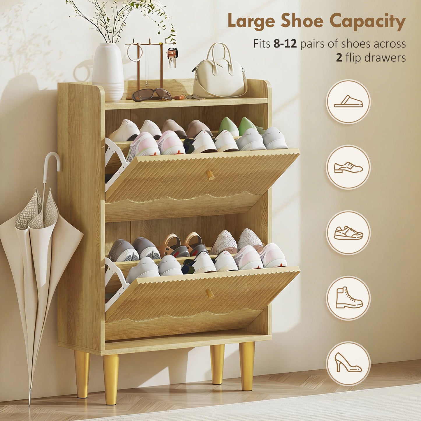 Narrow Shoe Cabinet, Shoe Storage Cabinet with 2 Flip Drawers, Oak