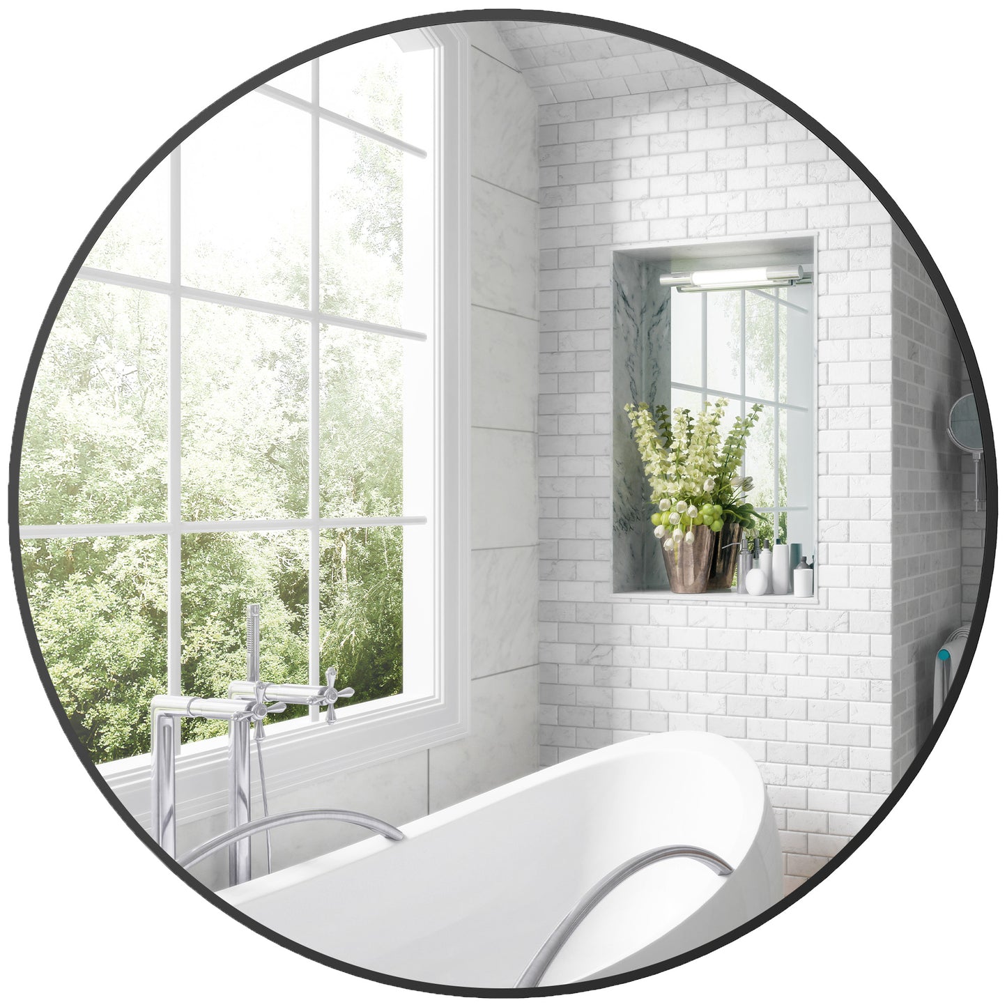 Round Bathroom Mirror, Modern Wall Mirror with Steel Frame, Black