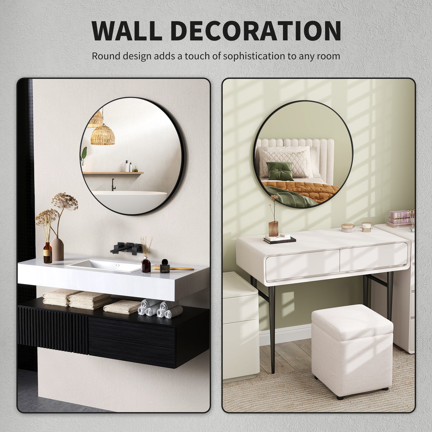 Round Bathroom Mirror, Modern Wall Mirror with Steel Frame, Black