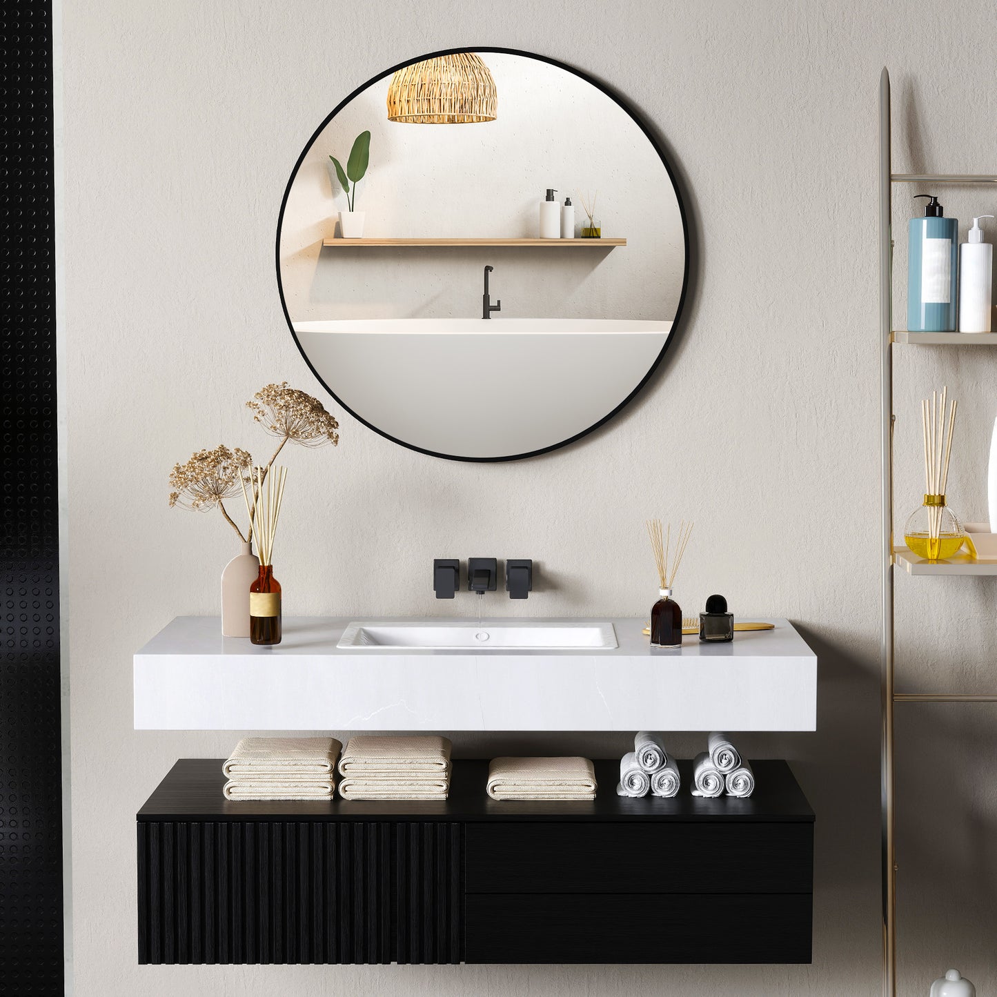Round Bathroom Mirror, Modern Wall Mirror with Steel Frame, Black