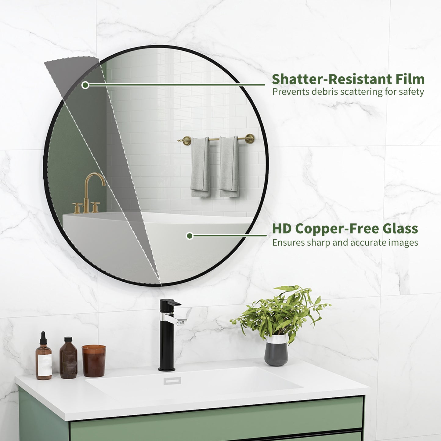 Round Bathroom Mirror, Modern Wall Mirror with Steel Frame, Black