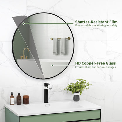 Round Bathroom Mirror, Modern Wall Mirror with Steel Frame, Black