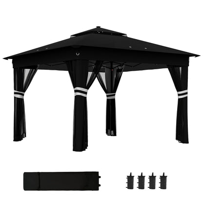 3x3(m) Pop Up Gazebo w/ Solar-Powered LED Lights Netting Black