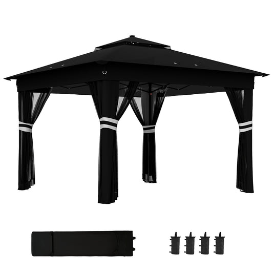 3x3(m) Pop Up Gazebo w/ Solar-Powered LED Lights Netting Black