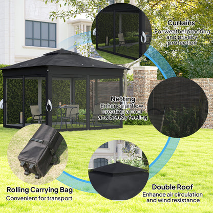 3x3(m) Pop Up Gazebo w/ Solar-Powered LED Lights Netting Black