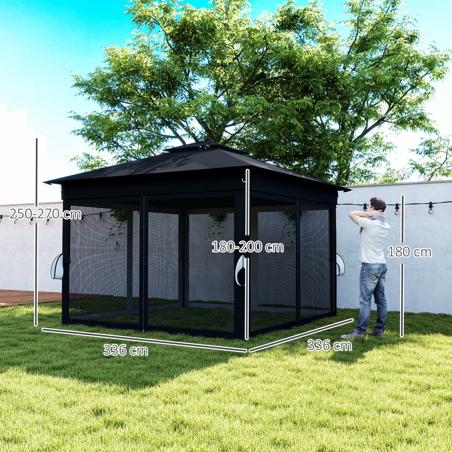 3x3(m) Pop Up Gazebo w/ Solar-Powered LED Lights Netting Black