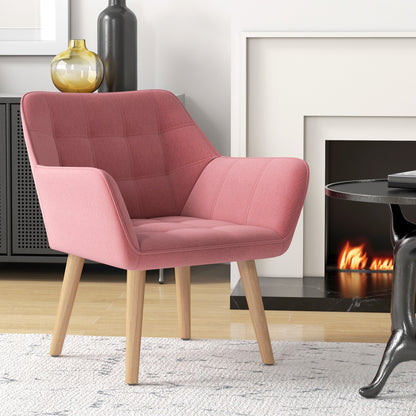 Velvet-Feel Accent Chair with Arms Slanted Back Wood Legs Pink