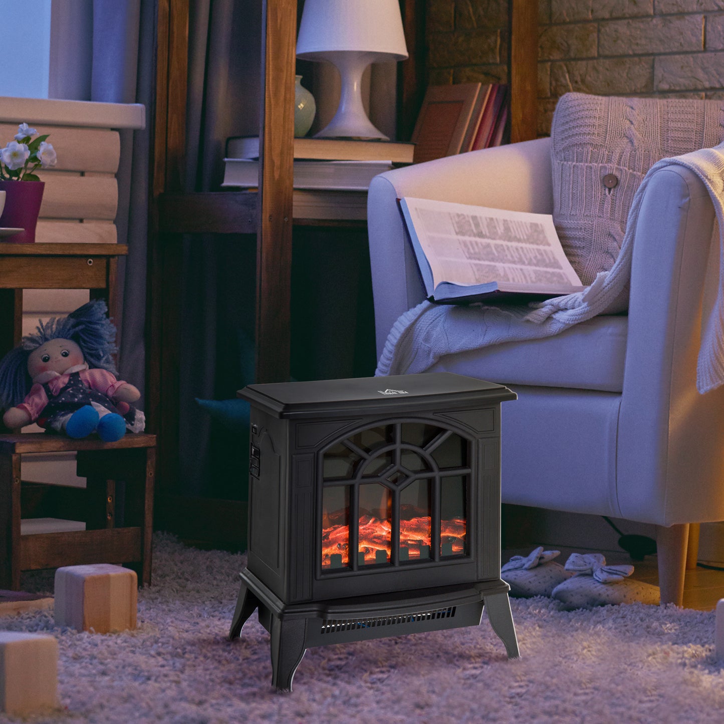 Freestanding Electric Fireplace Heater w/ LED Flame 1000W/2000W Black
