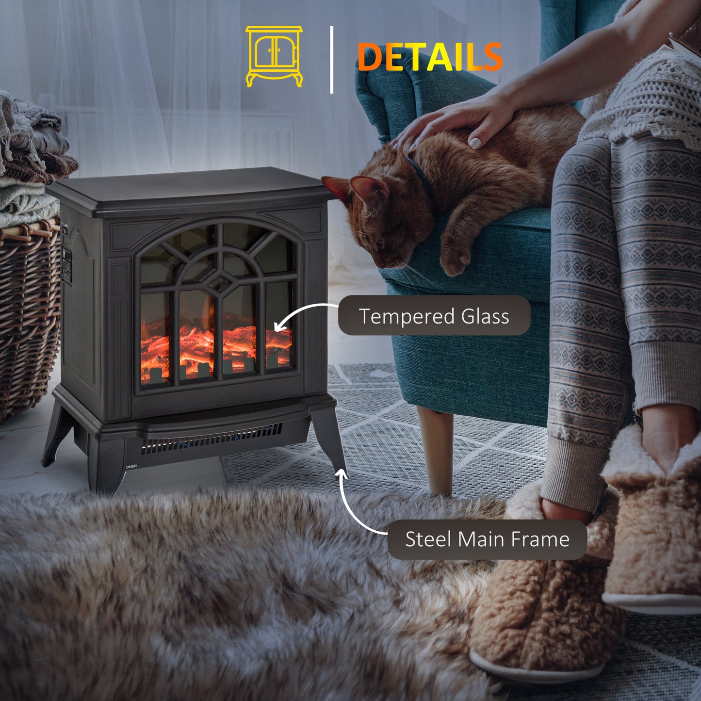Freestanding Electric Fireplace Heater w/ LED Flame 1000W/2000W Black