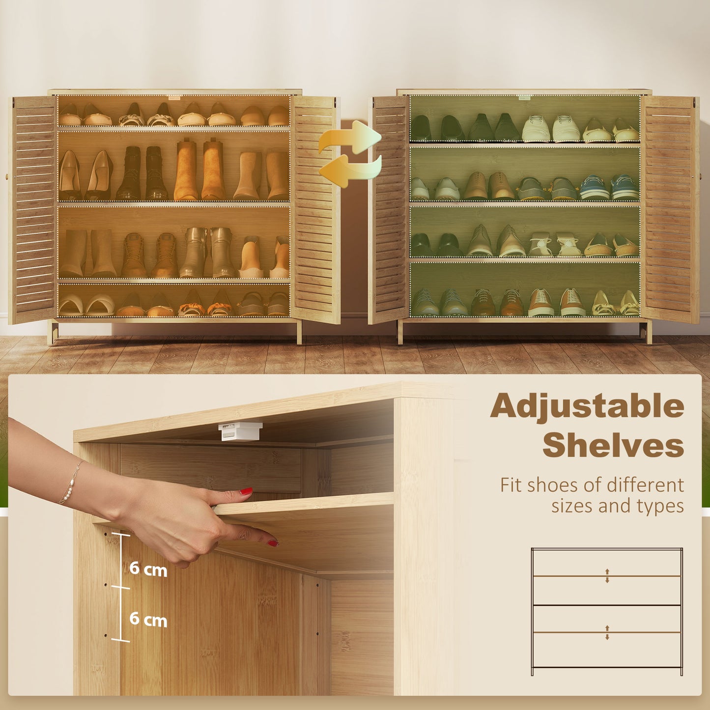 Bamboo Shoe Cabinet with Louvered Doors 14 Pairs Shoe Storage Cabinet