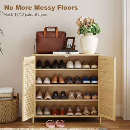 Bamboo Shoe Cabinet with Louvered Doors 14 Pairs Shoe Storage Cabinet