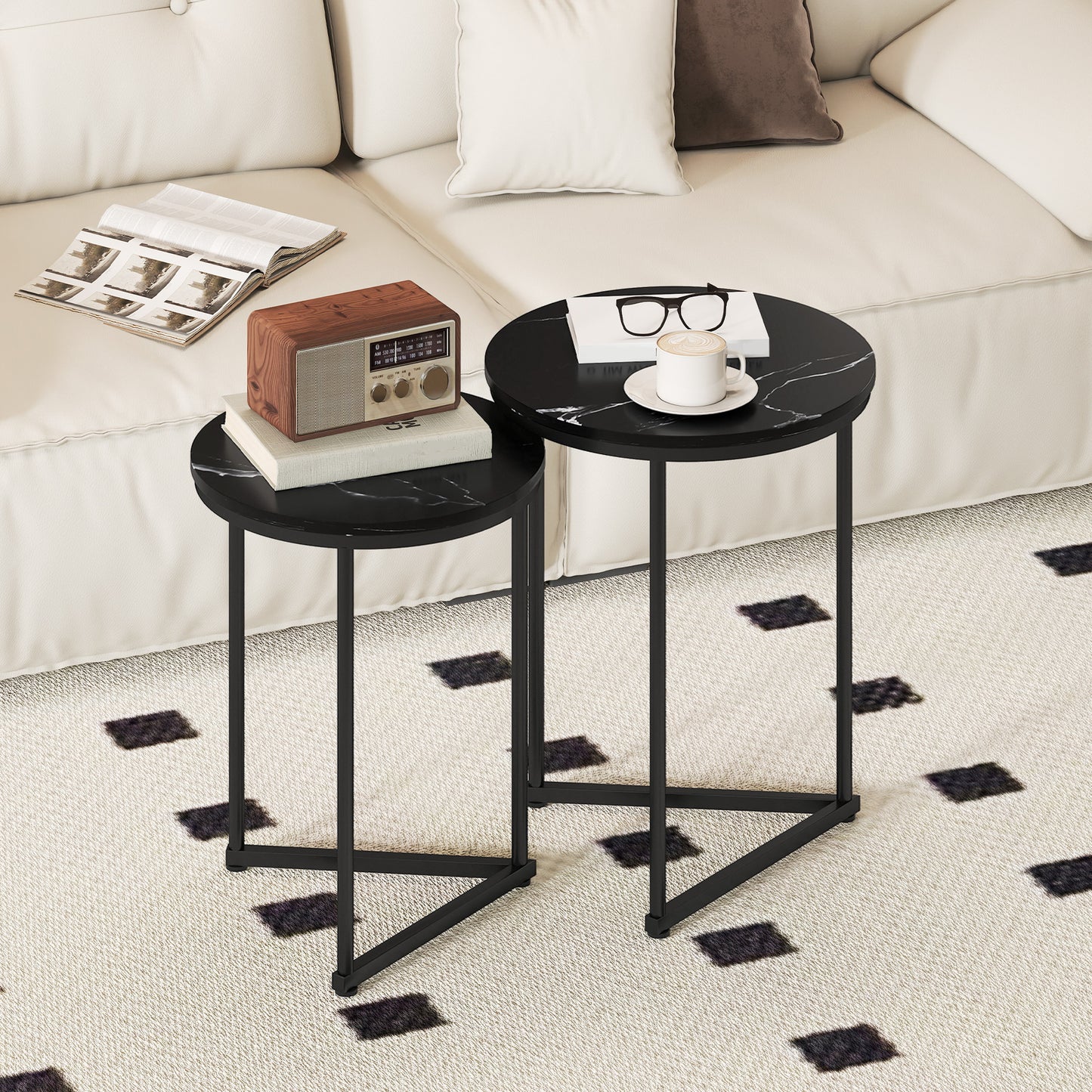 Nesting Coffee Table Set of 2 with Metal Frame, Black Marble Effect