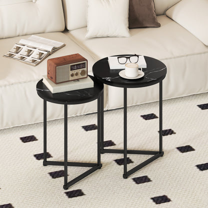 Nesting Coffee Table Set of 2 with Metal Frame, Black Marble Effect