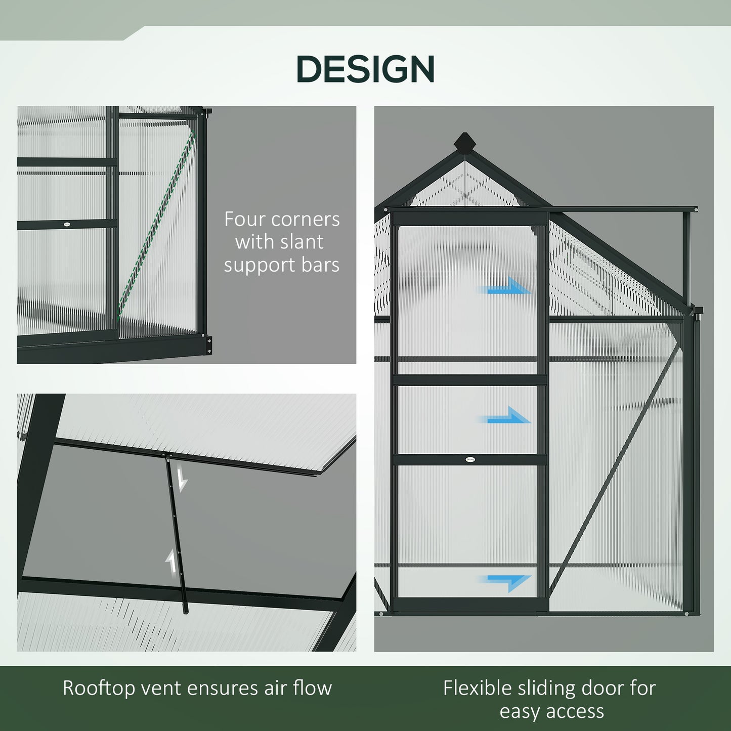 6x4ft Walk-In Polycarbonate Greenhouse Plant Grow Galvanized Aluminium