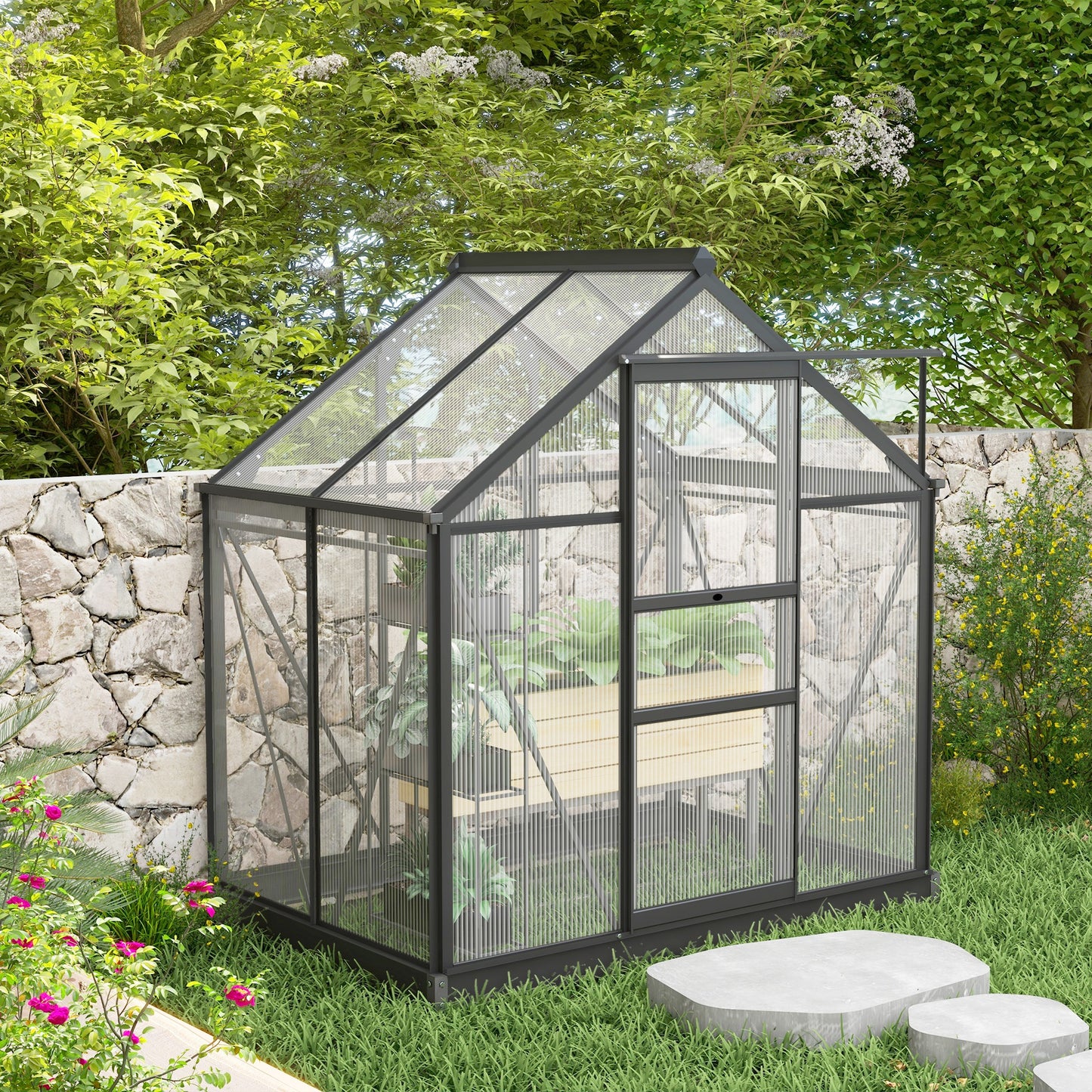 6x4ft Walk-In Polycarbonate Greenhouse Plant Grow Galvanized Aluminium