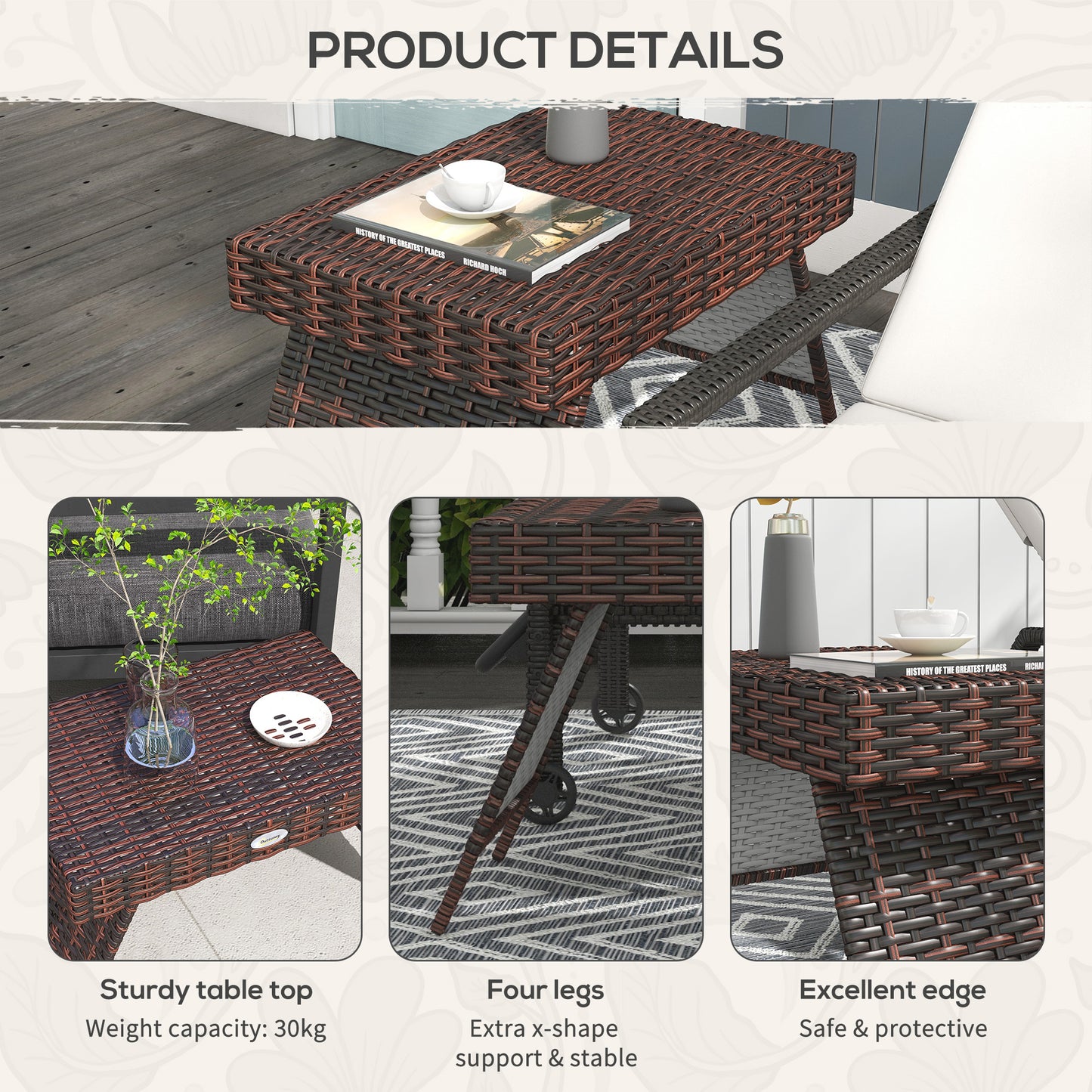 Foldable Outdoor Coffee Table, Steel Frame Rattan Side Table, Brown