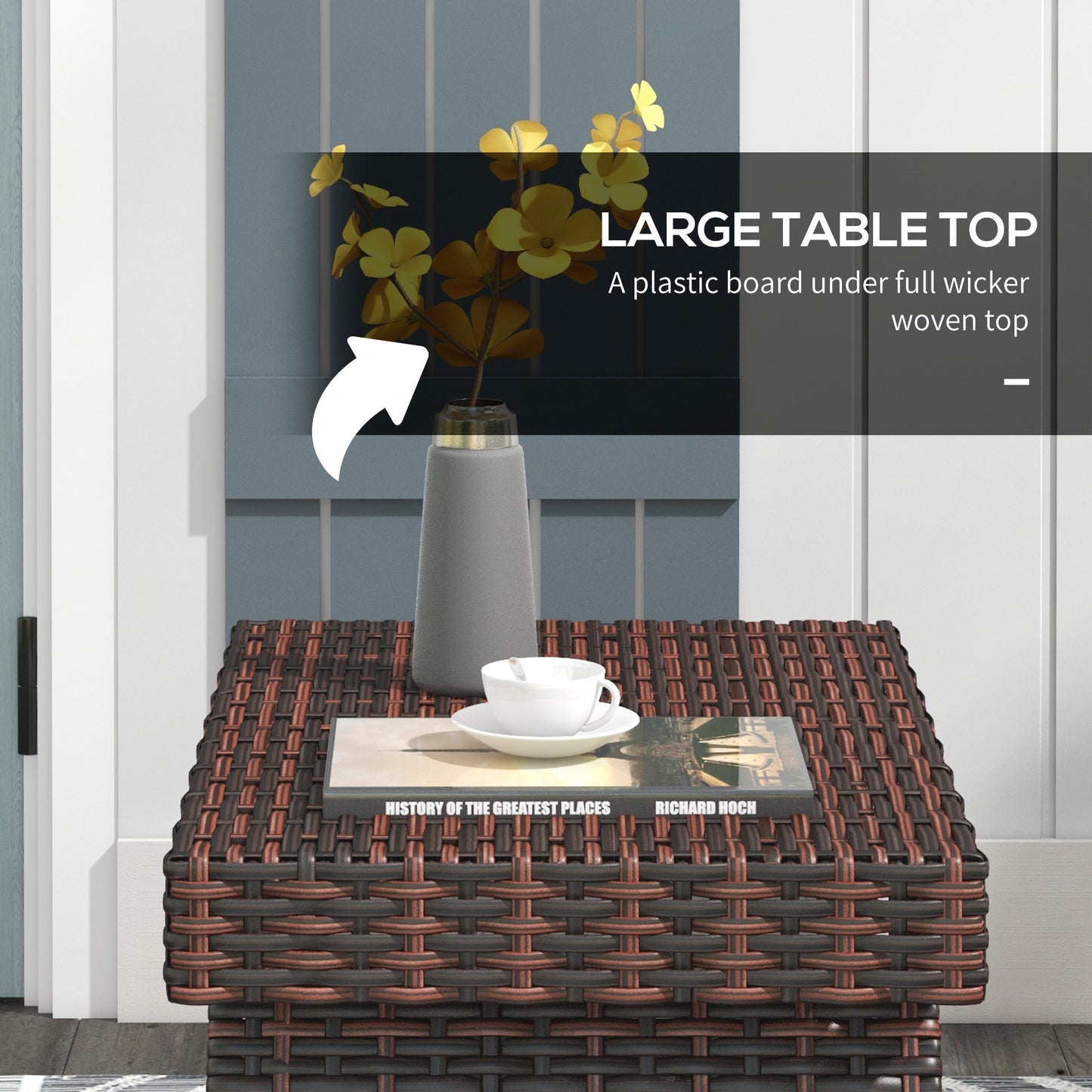 Foldable Outdoor Coffee Table, Steel Frame Rattan Side Table, Brown
