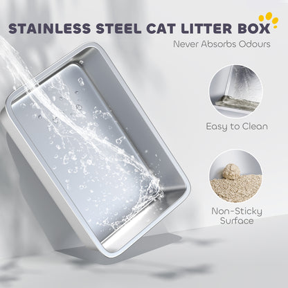 Stainless Steel Cat Litter Box with High Sides, 43 x 33 x 25 cm