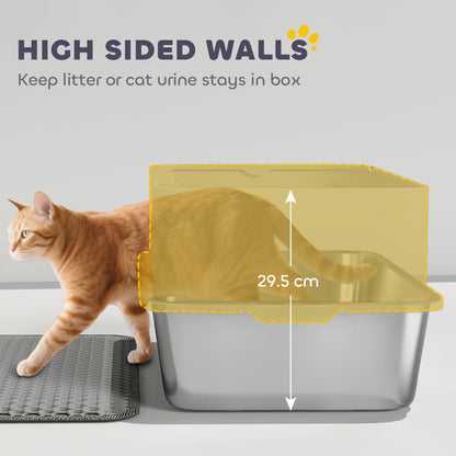 Stainless Steel Litter Box with Scoop, High Sided Cat Litter Tray