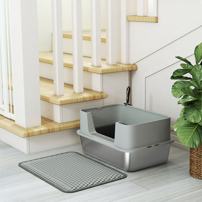 Stainless Steel Litter Box with Scoop, High Sided Cat Litter Tray