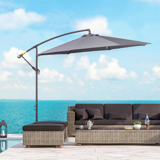Outsunny 3(m) Garden Banana Parasol Cantilever Umbrella with Crank Handle and Cross Base, 8 Ribs for Outdoor, Hanging Sun Shade, Grey