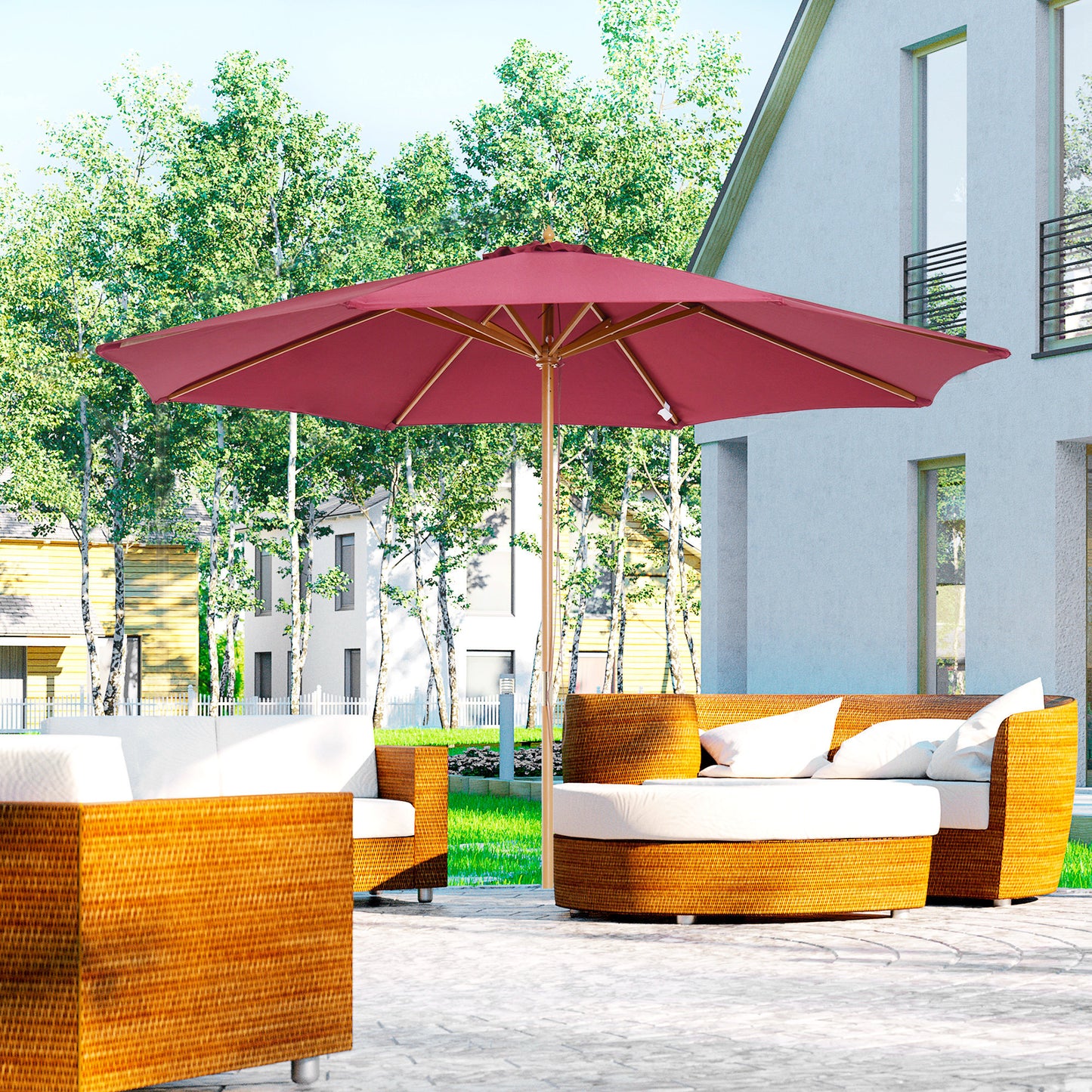 3(m) Wooden Garden Parasol Sun Shade Outdoor Umbrella Canopy Wine Red
