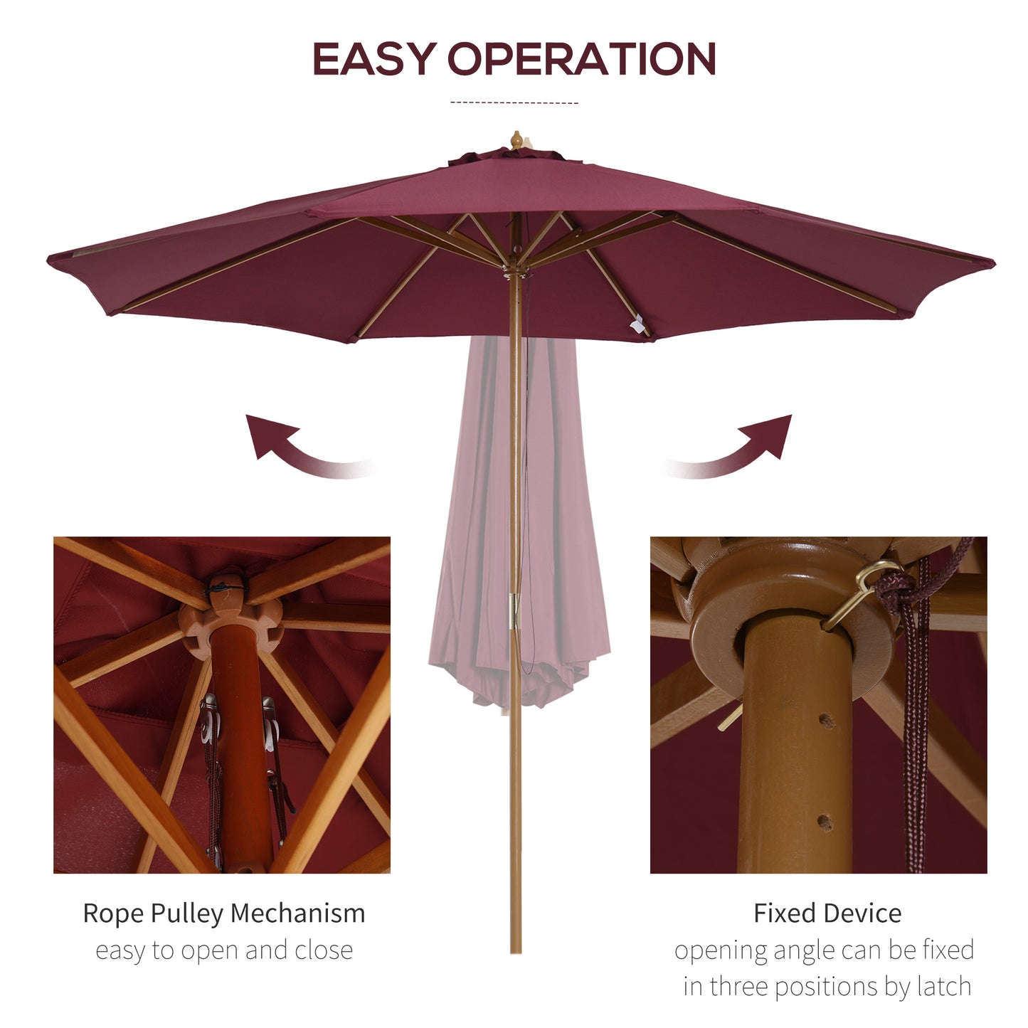 3(m) Wooden Garden Parasol Sun Shade Outdoor Umbrella Canopy Wine Red