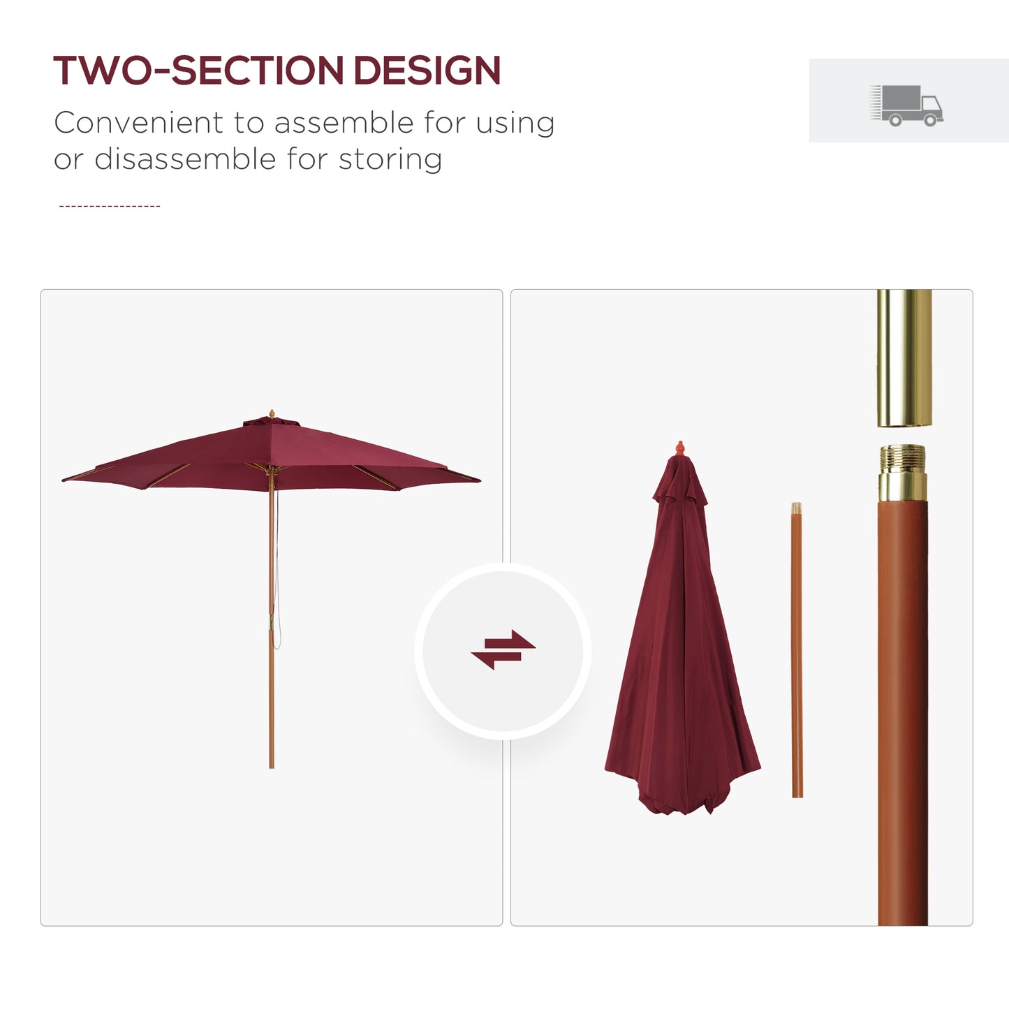 3(m) Wooden Garden Parasol Sun Shade Outdoor Umbrella Canopy Wine Red