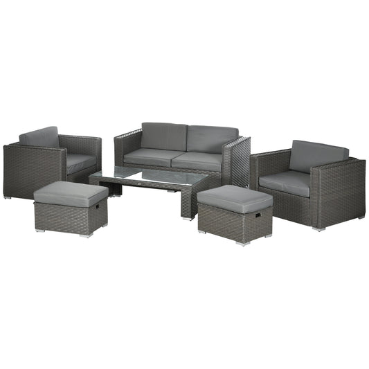 6pc Garden Furniture Set Rattan Sofa Outdoor Wicker Table Ottoman Stool