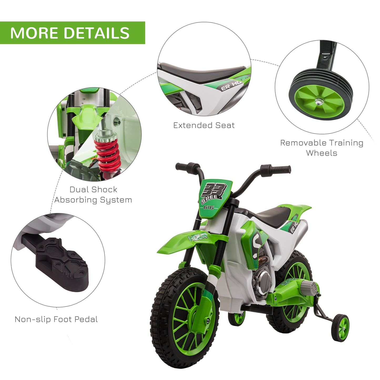 12V Kids Electric Motorbike Ride-On Motorcycle w/ Training Wheels - Green
