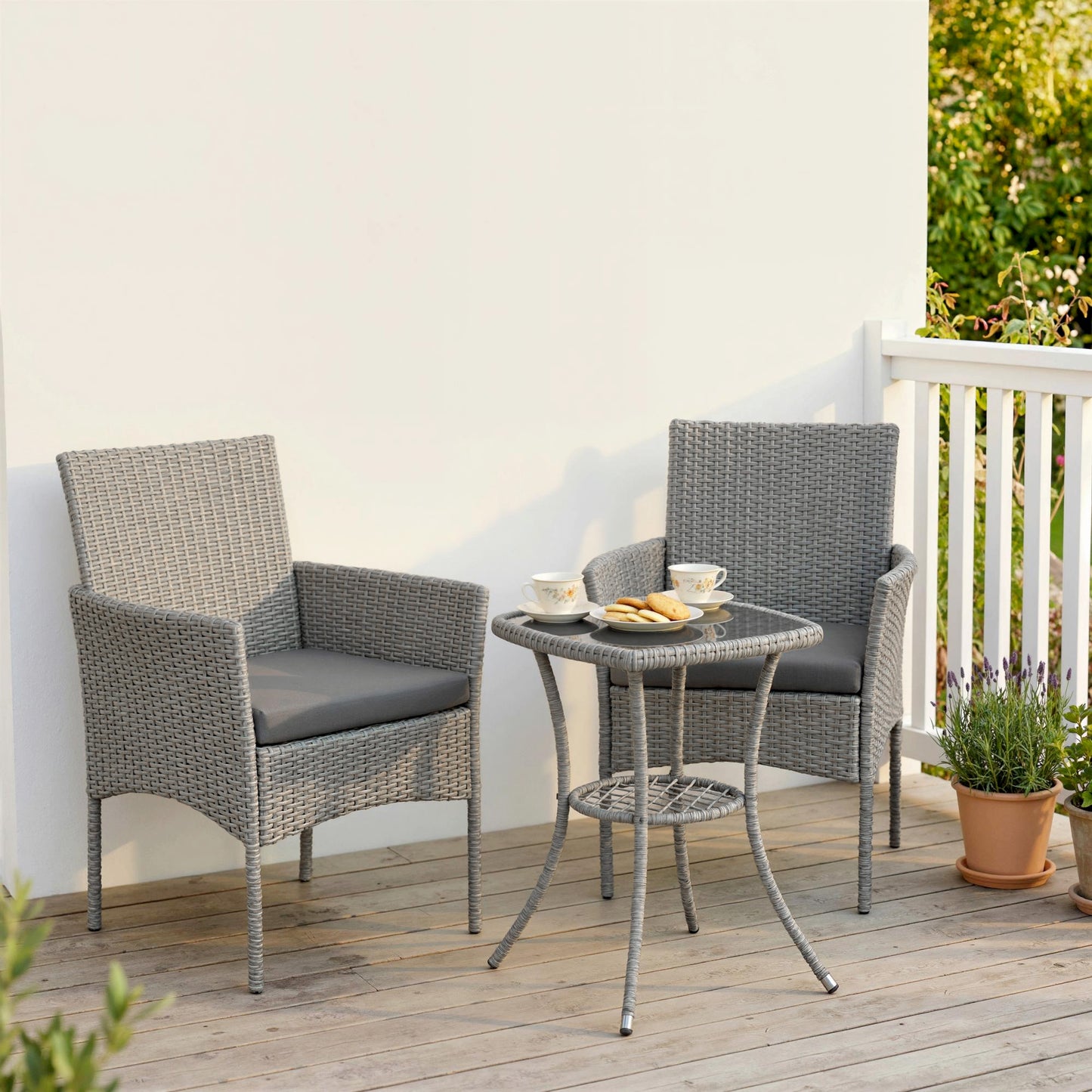 3 Piece Rattan Bistro Set with 2 Tier Glass-Top Table, Chairs