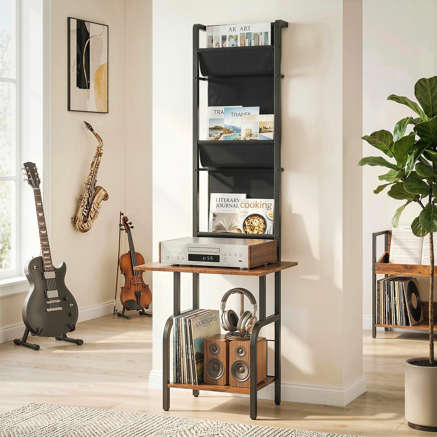 Vinyl Record Player Stand with Oxford Pockets Rustic Brown and Black