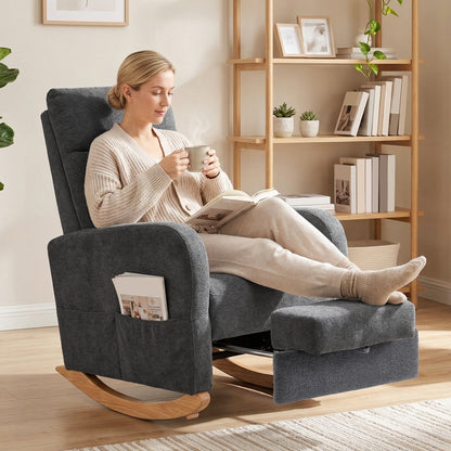 Upholstered Rocking Chair with Retractable Footrest Grey