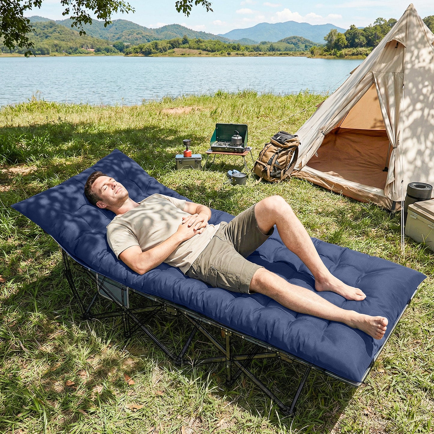 Sleeping Mat, Foldable Camping Pad with Elastic Straps Dark Blue