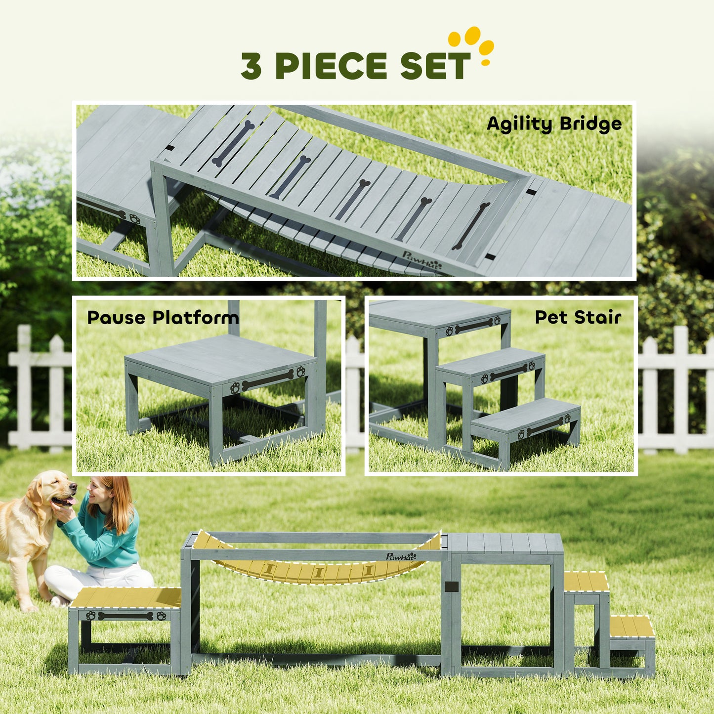 3 Pieces Wooden Dog Agility Training Equipment, Grey