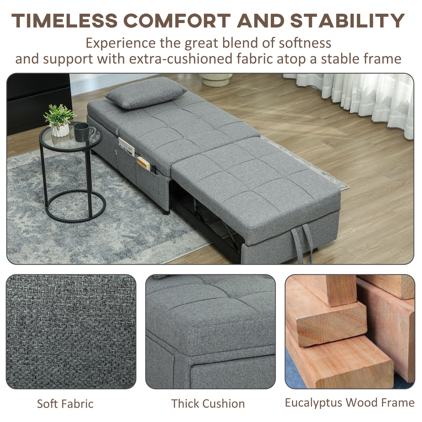 4-in-1 Pull Out Sleeper Chair Bed with Pockets, Light Grey