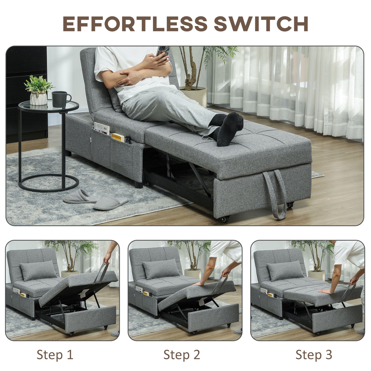 4-in-1 Pull Out Sleeper Chair Bed with Pockets, Light Grey