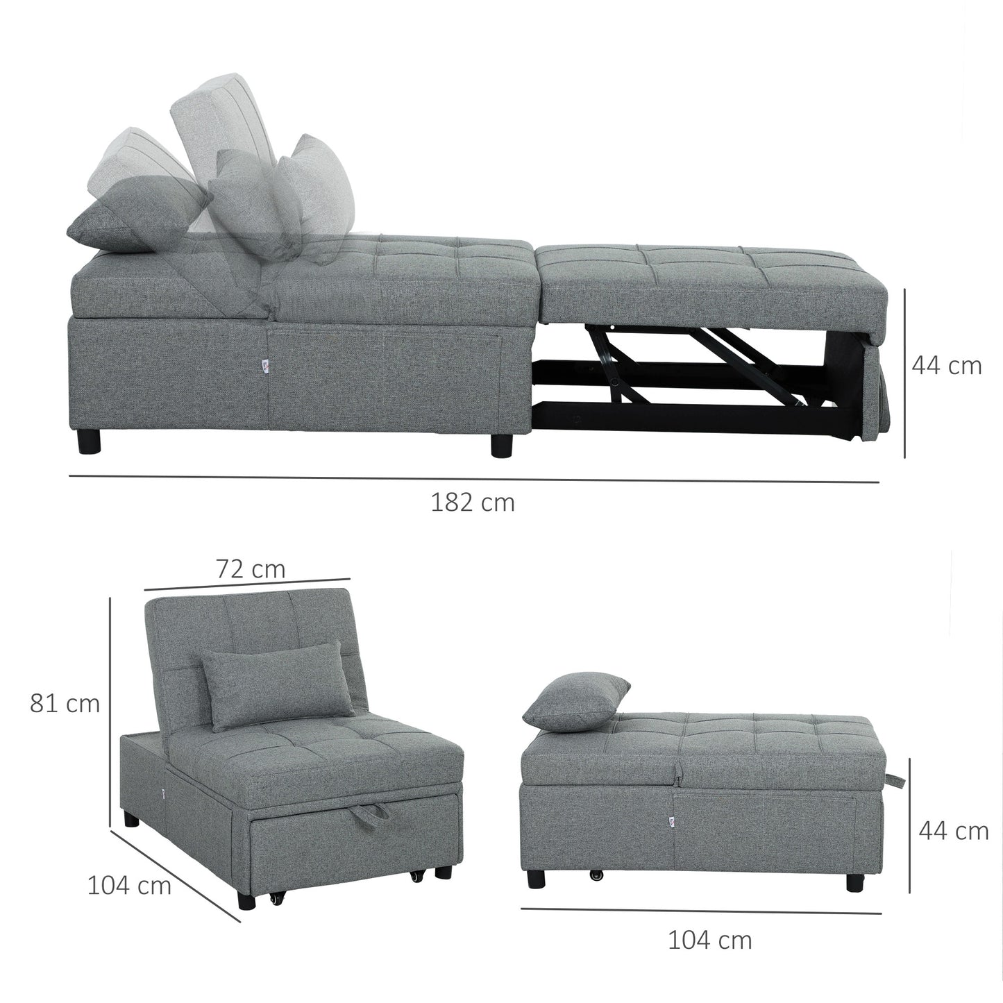 4-in-1 Pull Out Sleeper Chair Bed with Pockets, Light Grey