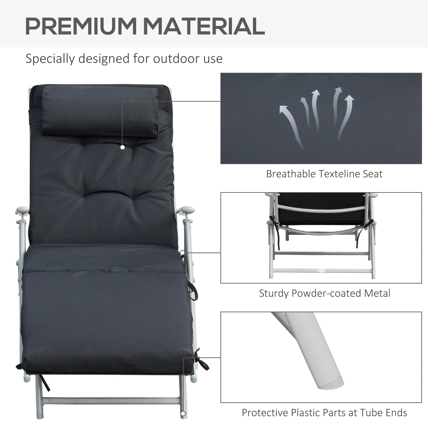 Sun Lounger Recliner Foldable Padded Seat Adjustable Texteline Black