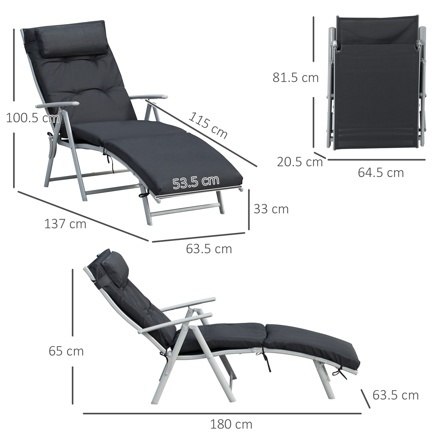 Sun Lounger Recliner Foldable Padded Seat Adjustable Texteline Black