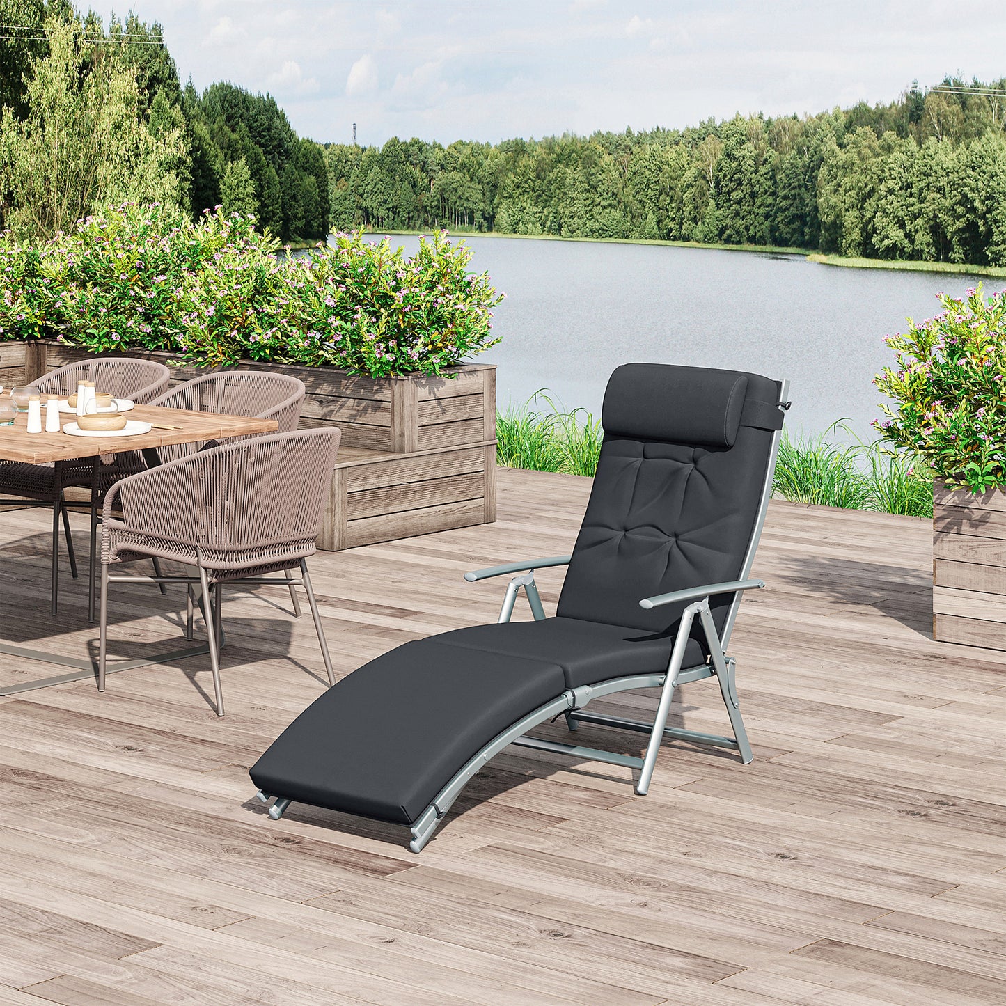 Sun Lounger Recliner Foldable Padded Seat Adjustable Texteline Black